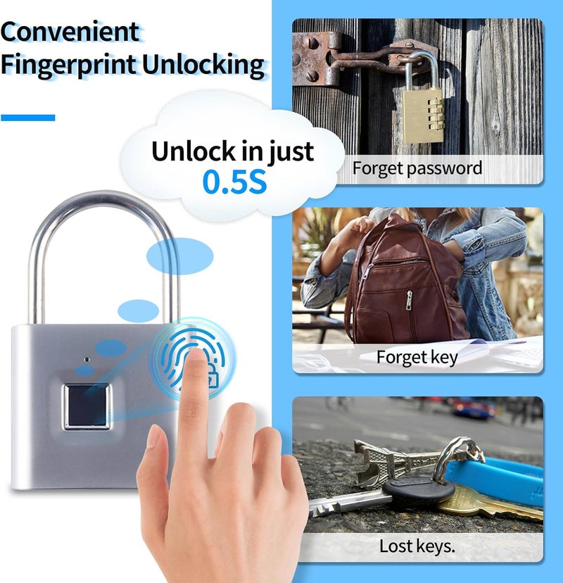KENRONE Fingerprint Padlock with Emergency Key, IP66 Waterproof and Rustproof, Outdoor Indoor Universal Smart Lock for Warehouses, Gym, Schools, Homes, Office Cabinets(Sliver-Plus) - Image 5